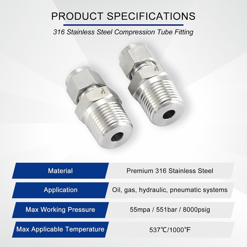 VALVENTO 2Pcs 316 Stainless Steel Compression Tube Fitting 1/2" OD x 1/2" NPT Male Straight Adapter Connector with Double Ferrules for Oil, Chemical, and Natural Gas Connections - Image 3